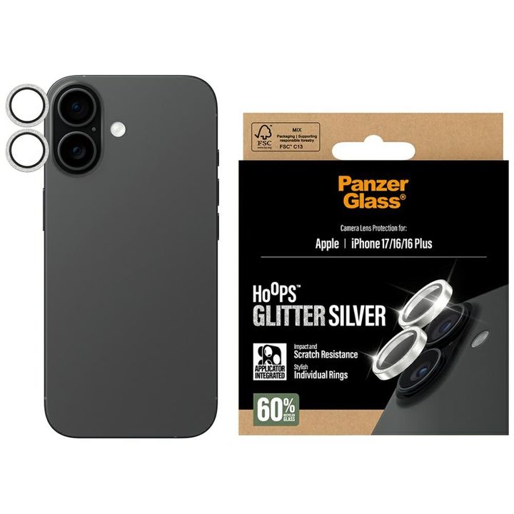 Szkło hartowane na obiektyw PanzerGlass  Hoops Glitter do iPhone 17 / 16 / 16 Plus srebrny na NearMe.pl