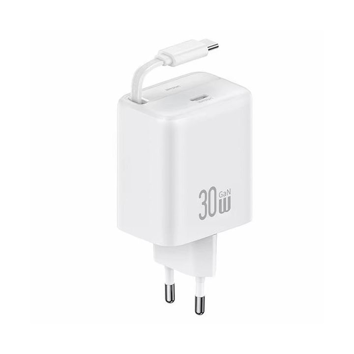 USAMS Ład. siec. 1xUSB-C ze zwijanymkablem USB-C Retractable PD+QC 30W Gan Fast Charging biały/white YC Series CC241TC02 (US-CC241) na NearMe.pl