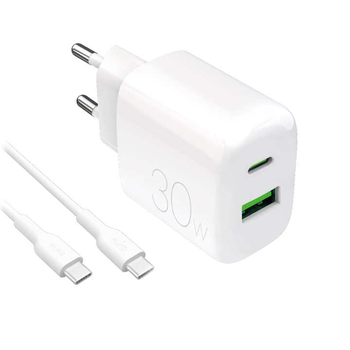 Ładowarka sieciowa Puro PROLITE 30W USB-A / USB-C + kabel USB-C - USB-C 1.2m - biała na NearMe.pl