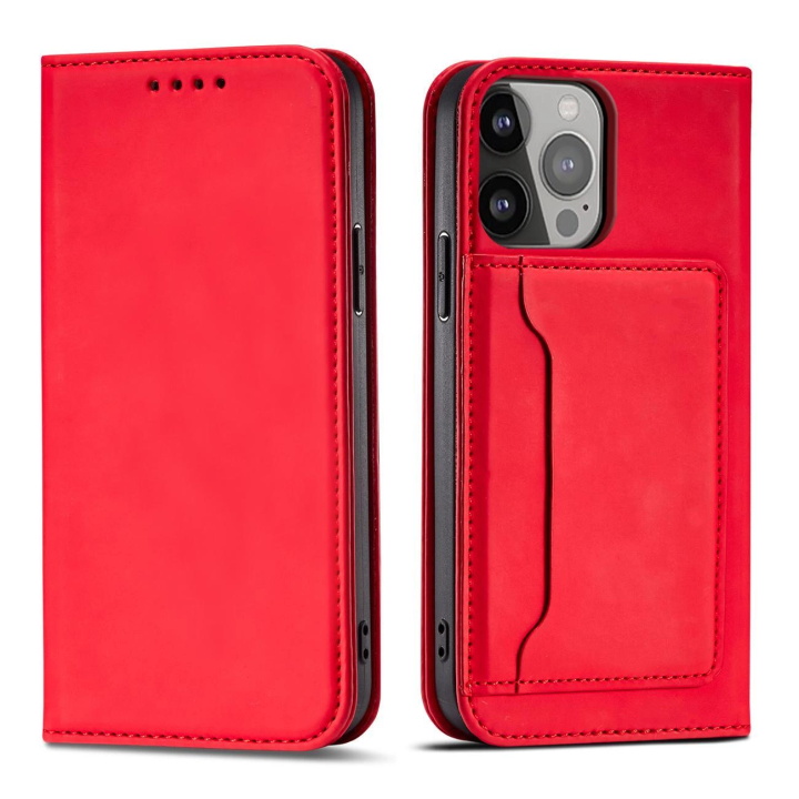 Magnet Card Case etui iPhone 14 Pro pokrowiec z klapką portfel podstawka czerwone na NearMe.pl