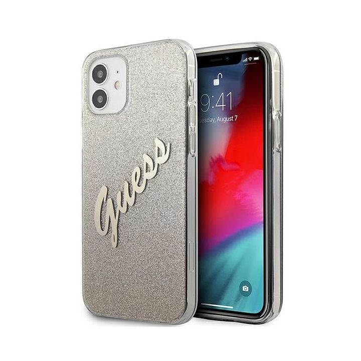 Etui Guess Glitter Gradient Script na iPhone 12 mini - złote na NearMe.pl