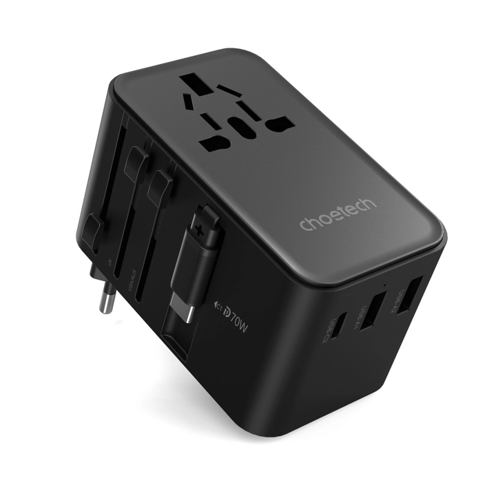 Adapter podróżny Choetech PD5022 70W EU / US / AUS / UK z wbudowanym kablem USB-C - czarny na NearMe.pl