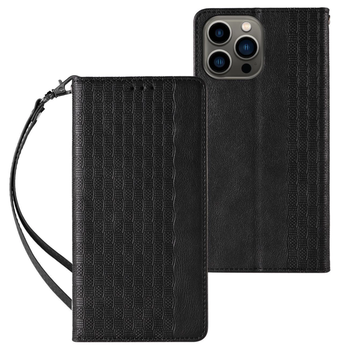 Magnet Strap Case etui iPhone 14 Pro Max pokrowiec z klapką portfel mini smycz podstawka czarne na NearMe.pl