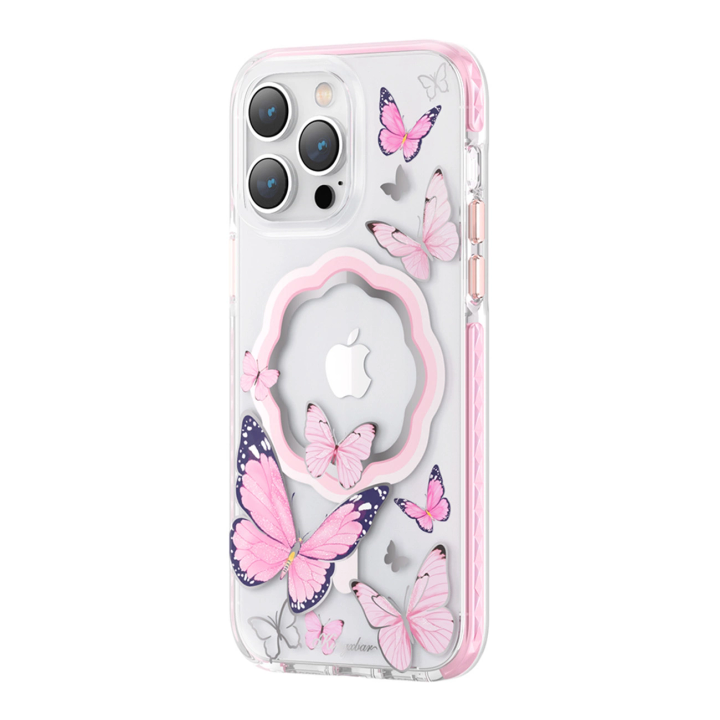 Kingxbar Butterfly Series magnetyczne etui iPhone 14 Plus MagSafe etui z motylami różowe na NearMe.pl