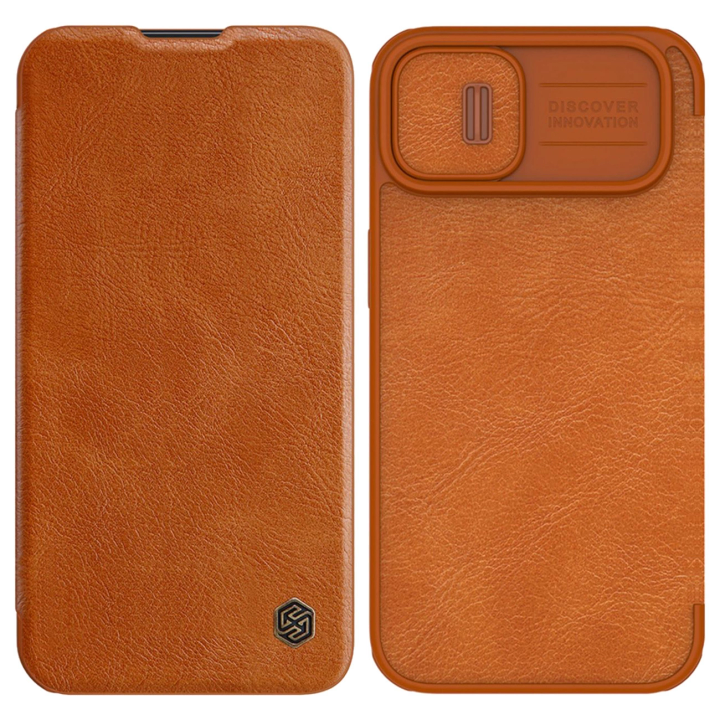 Nillkin Qin Leather Pro Case etui iPhone 14 Plus osłona na aparat kabura pokrowiec obudowa z klapką brązowy na NearMe.pl