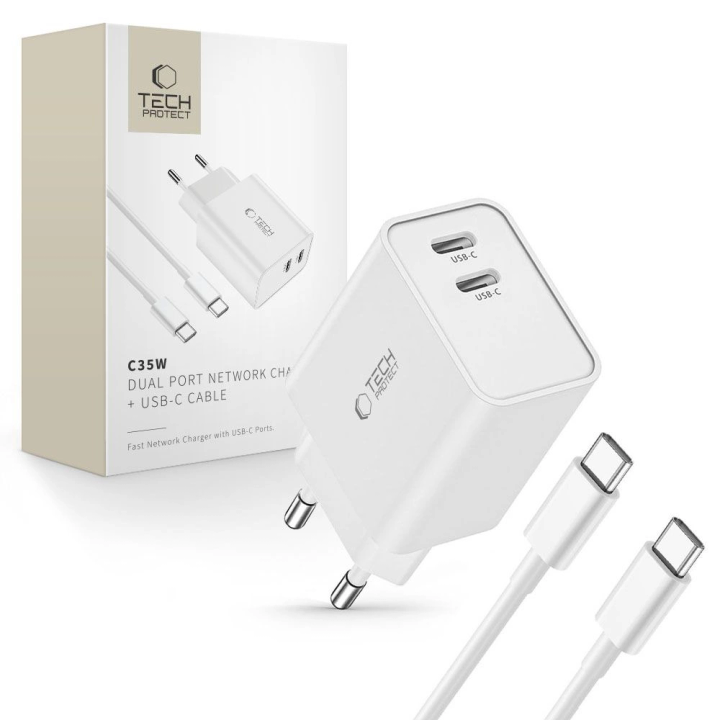 Ładowarka Tech-Protect C35W sieciowa 2x USB-C PD 35W z kablem USB-C / USB-C - biała na NearMe.pl