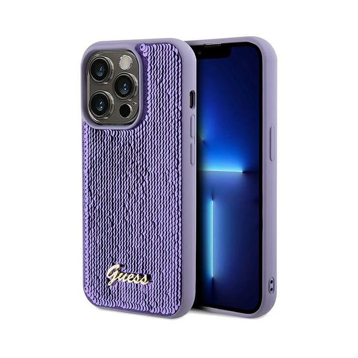 Guess Sequin Script Logo Case for iPhone 14 Pro Purple na NearMe.pl