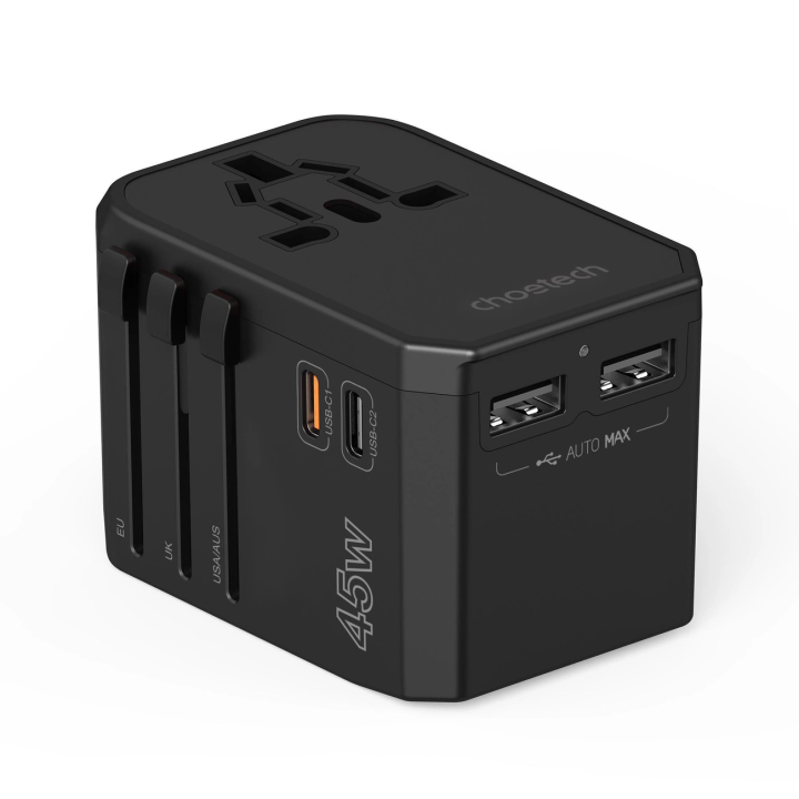 Ładowarka podróżna GaN Choetech PD6045 USB-C USB-A 45W z wtyczkami USA EU UK AU - czarna na NearMe.pl