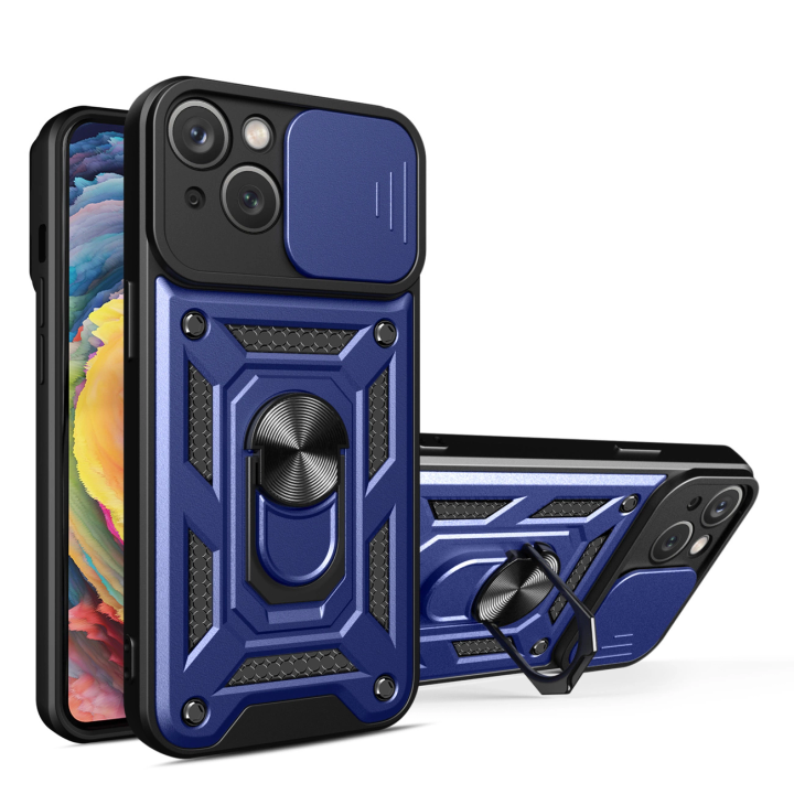 Pancerne etui Hybrid Armor Camshield z podstawką i osłoną aparatu do iPhone 15 - niebieskie na NearMe.pl