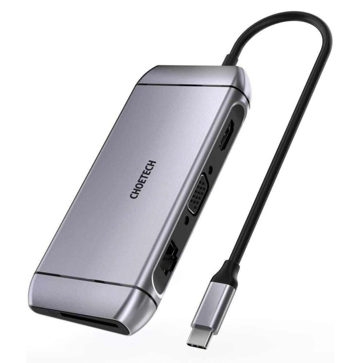 Choetech 9w1 wielofunkcyjny HUB USB Typ C - 3x USB 3.2 Gen 1 / czytnik kart SD i TF / HDMI 4K 30Hz / VGA Full HD 60Hz / USB Typ C / RJ45 szary (HUB-M15 gray) na NearMe.pl