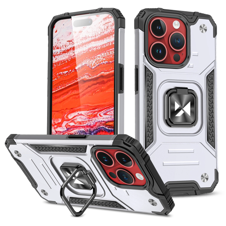 Pancerne etui z uchwytem na palec do iPhone 15 Pro Max Wozinsky Ring Armor - srebrne na NearMe.pl