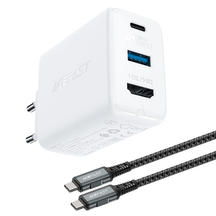 Acefast 2w1 ładowarka sieciowa GaN 65W USB Typ C / USB, adapter przejściówka HDMI 4K@60Hz (zestaw z kablem) biały (A17 white) na NearMe.pl