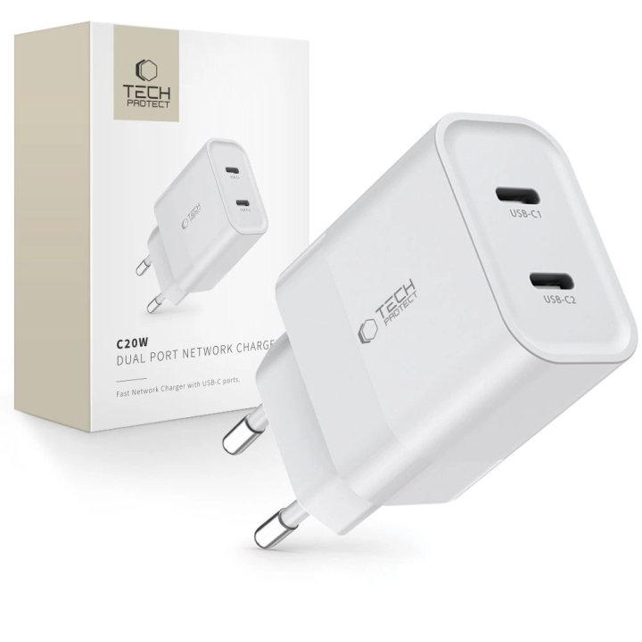 Ładowarka Tech-Protect C20W sieciowa 2x USB-C PD 20W - biała na NearMe.pl