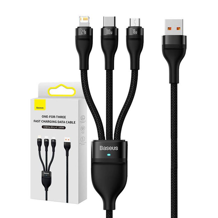 Kabel USB 3w1 Baseus Flash Series, USB-C + micro USB + Lightning, 100W, 1.2m (czarny) na NearMe.pl