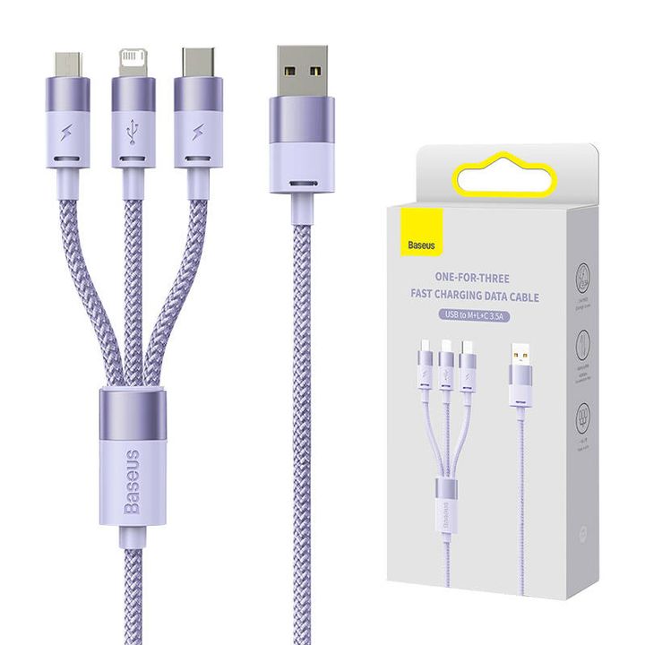 Kabel USB 3w1 Baseus StarSpeed, USB-C + micro USB + Lightning, 3,5A, 1.2m (fioletowy) na NearMe.pl