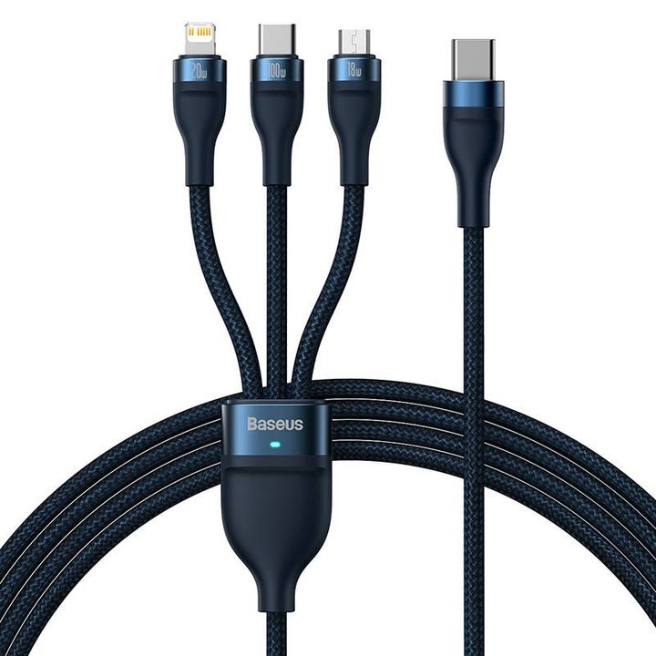 Kabel USB 3w1 Baseus Flash Series 2, USB-C + micro USB + Lightning, 100W, 1.5m (niebieski) na NearMe.pl