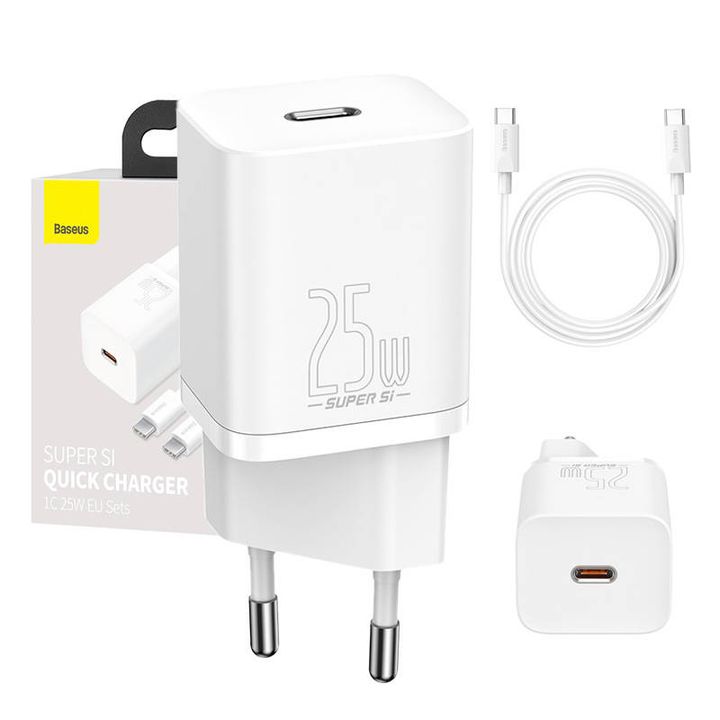 Ładowarka sieciowa Baseus Super Si Quick Charger 1C 25W z przewodem USB-C do USB-C 1m (biała) na NearMe.pl