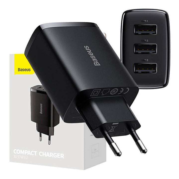 Ładowarka sieciowa Baseus Compact Quick Charger, 3x USB, 17W (czarna) na NearMe.pl