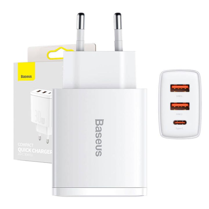 Ładowarka sieciowa Baseus Compact Quick Charger, 2xUSB, USB-C, PD, 3A, 30W (biała) na NearMe.pl