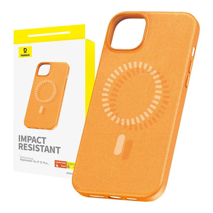 Magnetyczne Etui na telefon iPhone 15 Plus Baseus Fauxther Series (Pomarańczowe) na NearMe.pl