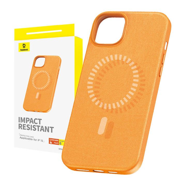 Magnetyczne Etui na telefon iPhone 15 Baseus Fauxther Series (Pomarańczowe) na NearMe.pl