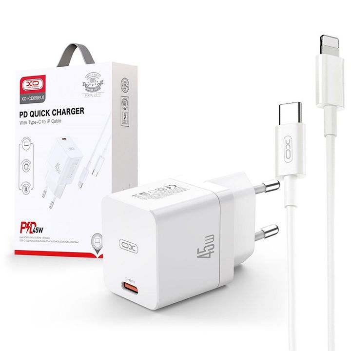 Ładowarka sieciowa XO CE09 PD 45W 1x USB-C + kabel USB-C - Lightning biała na NearMe.pl
