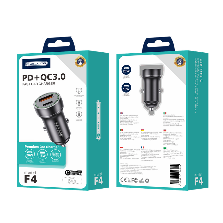 JELLICO ładowarka samochodowa - F4 PD 20W 1x USB-C + 1x USB QC3.0 czarna na NearMe.pl