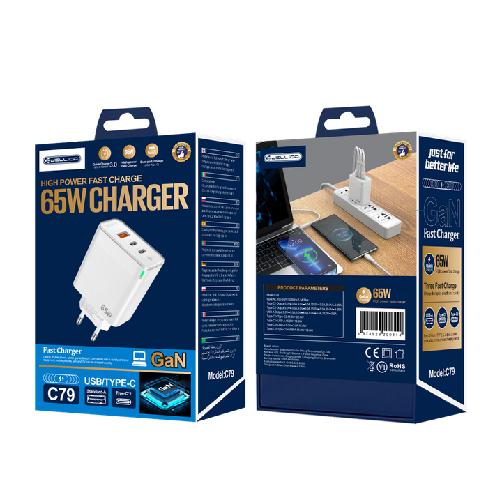 JELLICO ładowarka sieciowa - C79 GaN PD 65W 2x USB-C + 1x USB QC3.0 biała na NearMe.pl