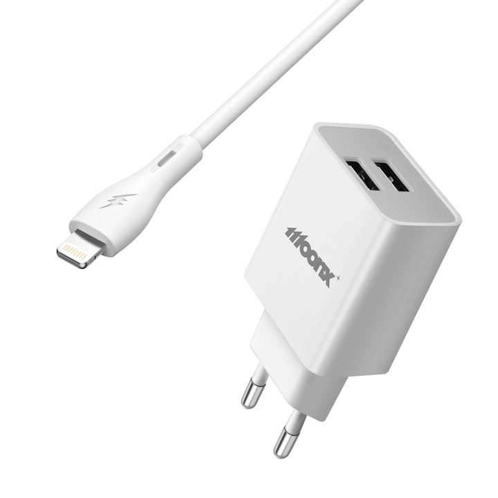 MOONX ładowarka sieciowa MC02 2.4A 12W 2xUSB + kabel Lightning Biały na NearMe.pl