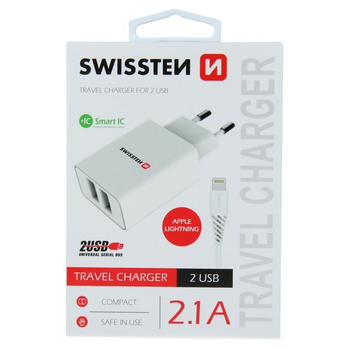 SWISSTEN Ładowarka Sieciowa Adapter Smart IC 2x USB 2,1A + Kabel Lightning 1,2 M biała na NearMe.pl