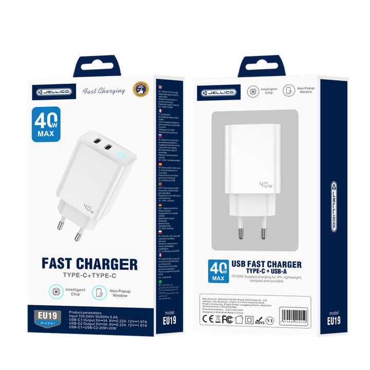 JELLICO ładowarka sieciowa - EU19 GaN PD 40W 2x USB-C + kabel USB-C / USB-C zestaw biały na NearMe.pl