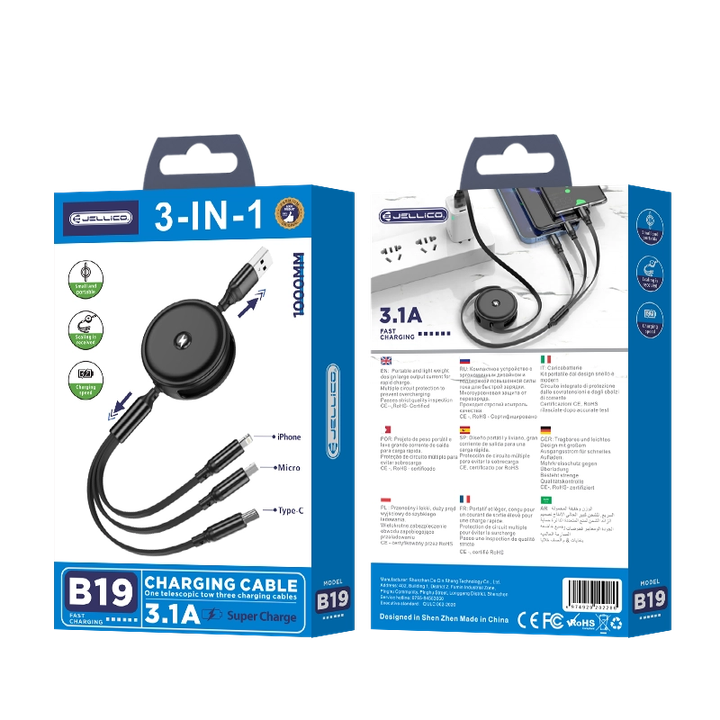 JELLICO kabel - B19 USB / USB-C + Lightning + microUSB 3,1A zwijany 1,2m czarny na NearMe.pl
