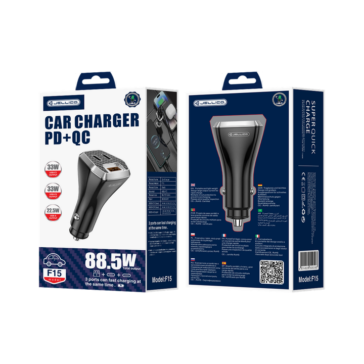 JELLICO ładowarka samochodowa - F15 PD 88,5W 2x USB-C + USB-A QC3.0 czarna na NearMe.pl