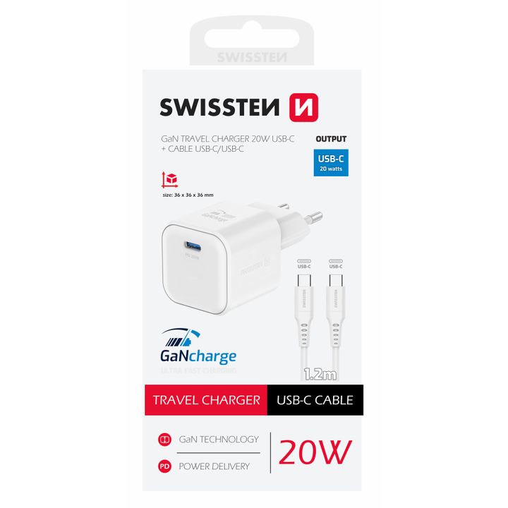 SWISSTEN Ładowarka Sieciowa Adapter GaN USB-C 20W PD + kabel USB-C / USB-C zestaw biały na NearMe.pl