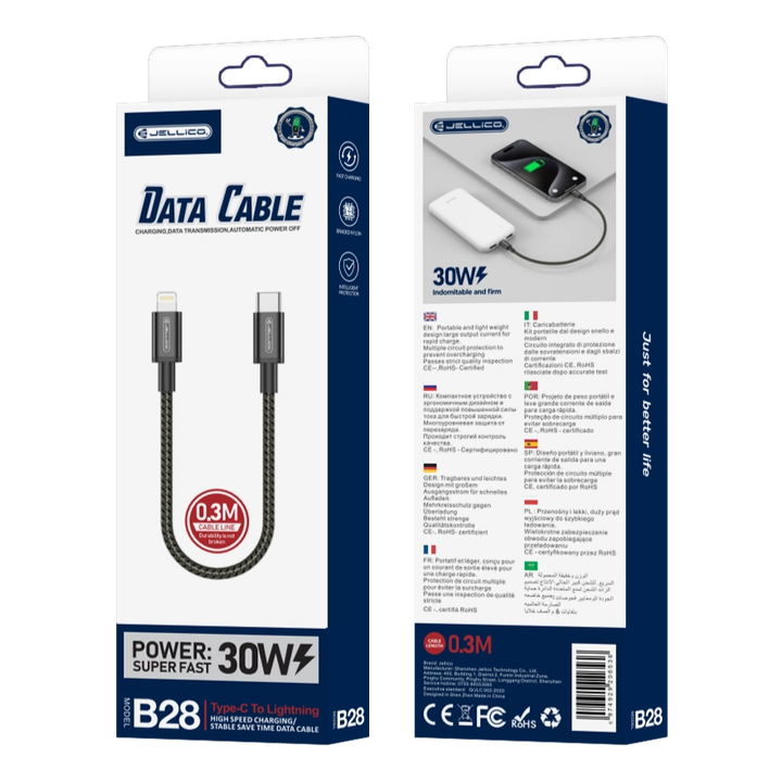 JELLICO kabel - B28 USB-C / Lightning 30W PD oplot 0,3m czarny na NearMe.pl