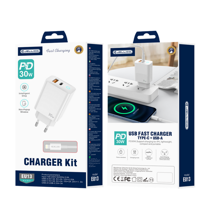 JELLICO ładowarka sieciowa - EU13 GaN PD 30W 1x USB-C + 1x USB QC3.0 + kabel USB-C / Lightning zestaw biały na NearMe.pl