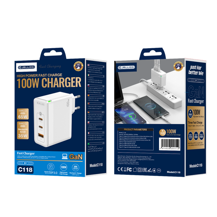 JELLICO ładowarka sieciowa - C118 GaN PD 100W 2x USB-C + 1x USB QC3.0 biała na NearMe.pl