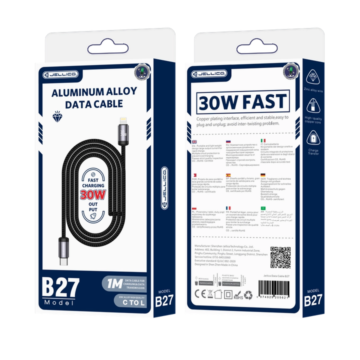 JELLICO kabel - B27 USB-C / Lightning 30W PD oplot 1m czarny na NearMe.pl