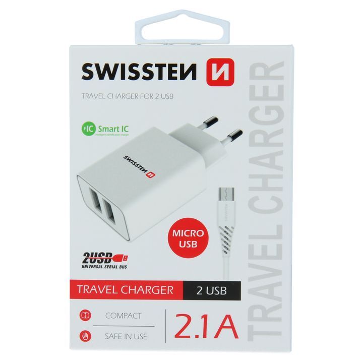 SWISSTEN Ładowarka Sieciowa Adapter Smart IC 2x USB 2,1A + Kabel MicroUSB 1,2 M biała na NearMe.pl