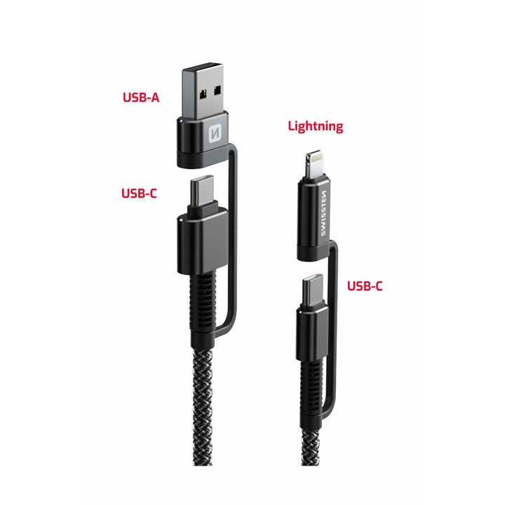 SWISSTEN Kabel Kevlar 4w1 USB + USB-C / USB-C + Lightning 60W 3A 1,5m antracyt na NearMe.pl