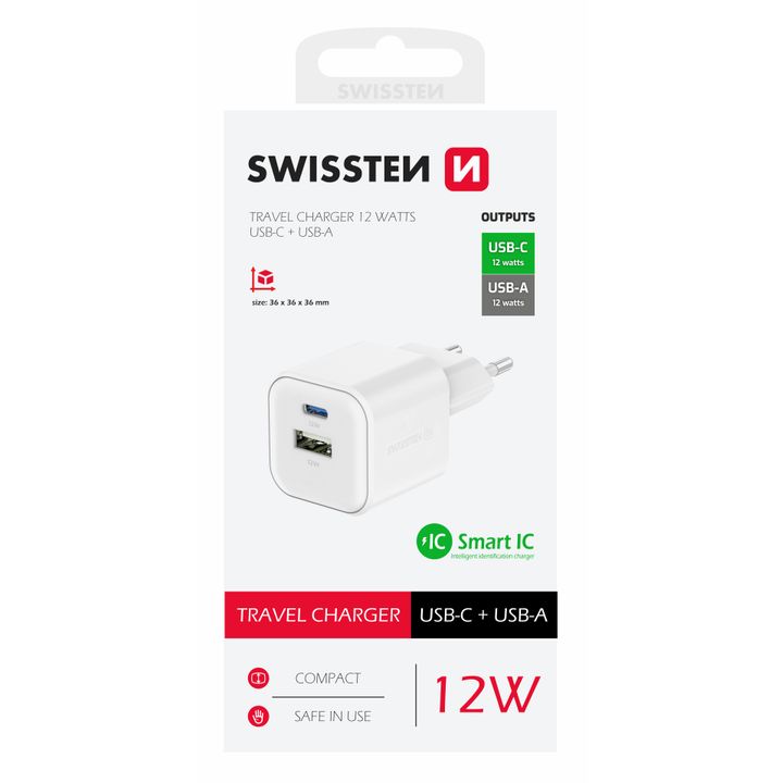 SWISSTEN Ładowarka Sieciowa Adapter USB + USB-C 12W biała na NearMe.pl