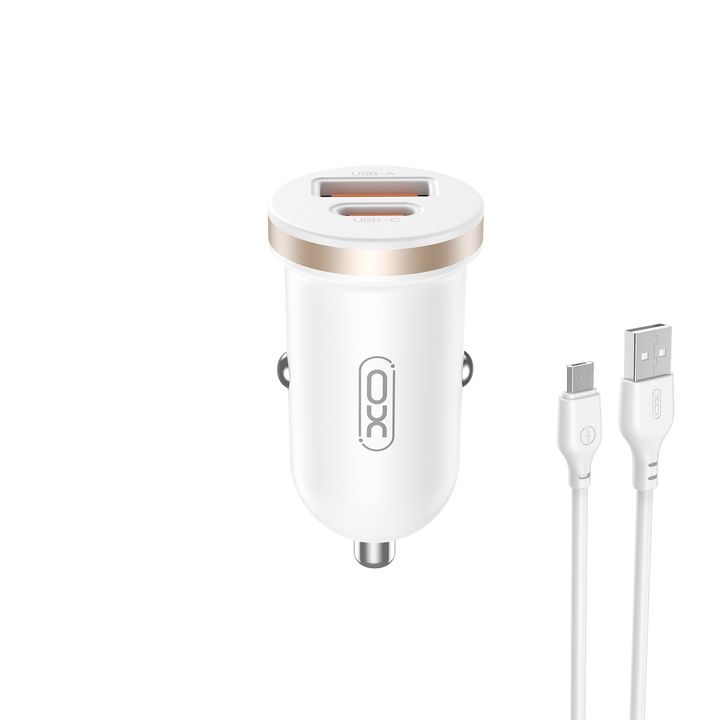 XO ładowarka samochodowa CC56 PD 30W QC 1x USB 1x USB-C biała + kabel USB - microUSB na NearMe.pl