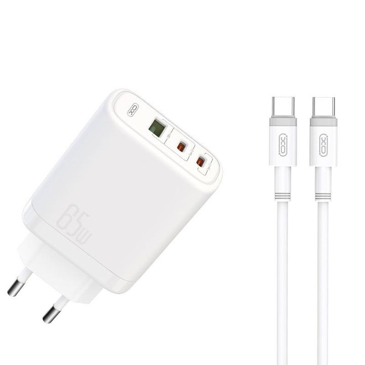 XO ładowarka sieciowa CE04 PD 65W QC 4 45W 1x USB 2x USB-C biała + kabel USB-C – USB-C na NearMe.pl