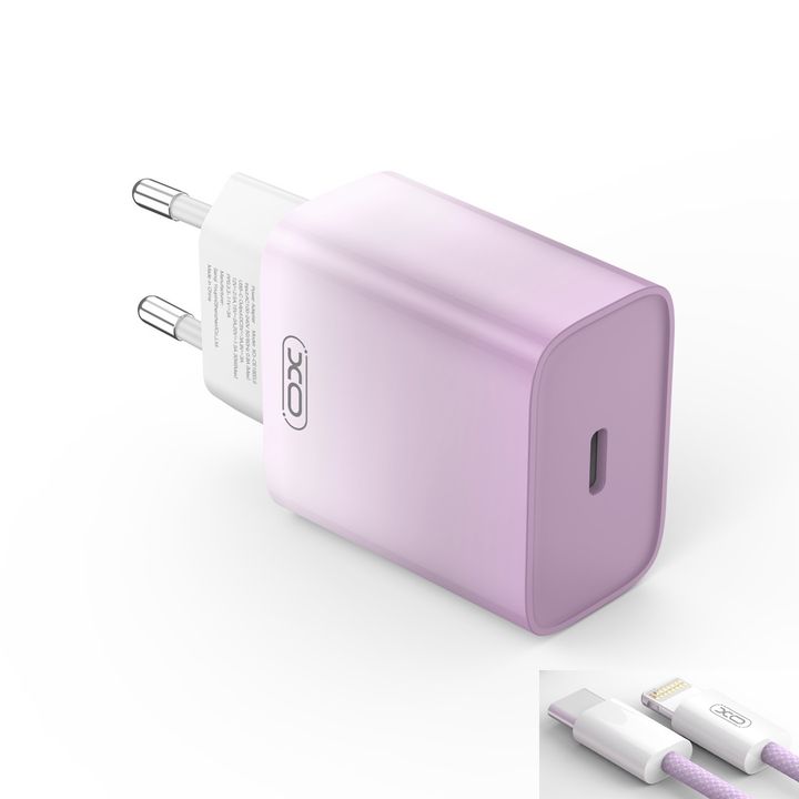 XO ładowarka sieciowa CE18 PD 30W 1x USB-C fioletowo-biała + kabel USB-C - Lightning na NearMe.pl