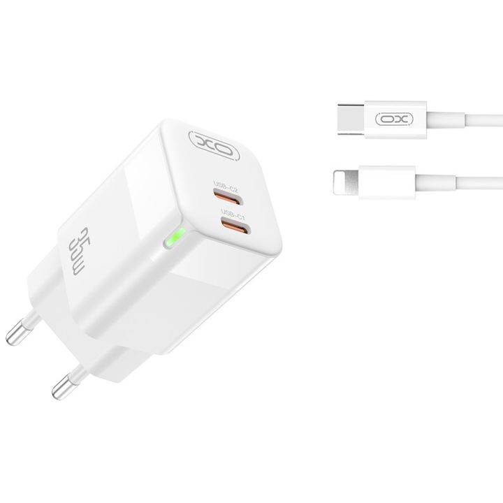 XO ładowarka sieciowa CE07 PD 35W 2x USB-C biała + kabel USB-C - Lightning na NearMe.pl