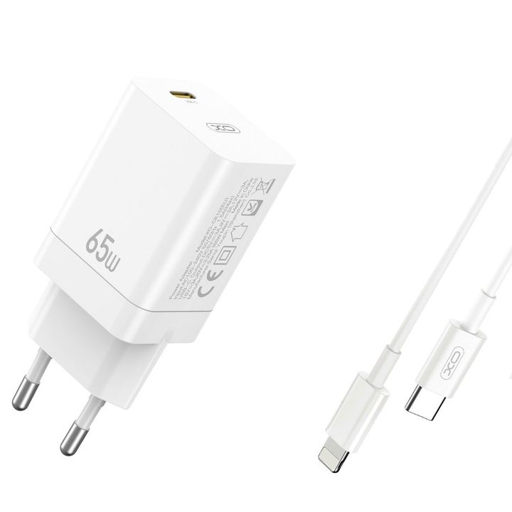 XO ładowarka sieciowa CE10 PD 65W 1x USB-C biała + kabel USB-C - Lightning na NearMe.pl