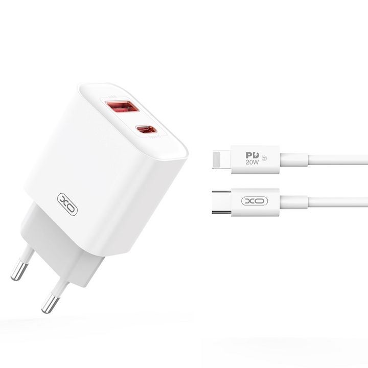 XO ładowarka sieciowa CE12 PD QC 3.0 20W 1x USB 1x USB-C biała + kabel USB-C - Lightning na NearMe.pl