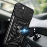 Pancerne etui Hybrid Armor Camshield z podstawką i osłoną aparatu do iPhone 15 - niebieskie na NearMe.pl